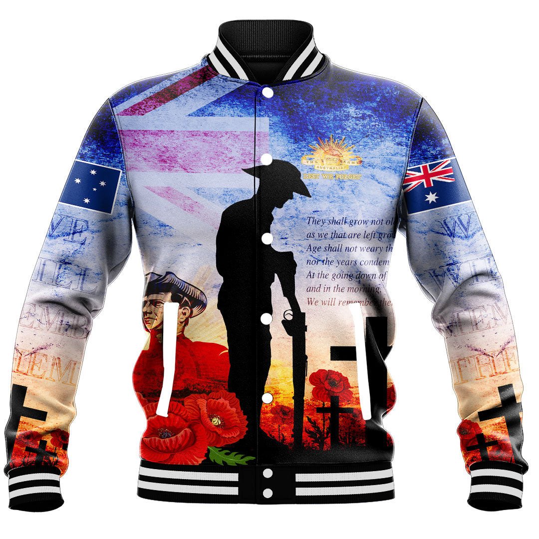 Polynesian Pride Clothing - Anzac Day Australia Soldier We Will Rememer Them Baseball Jacket - Polynesian Pride