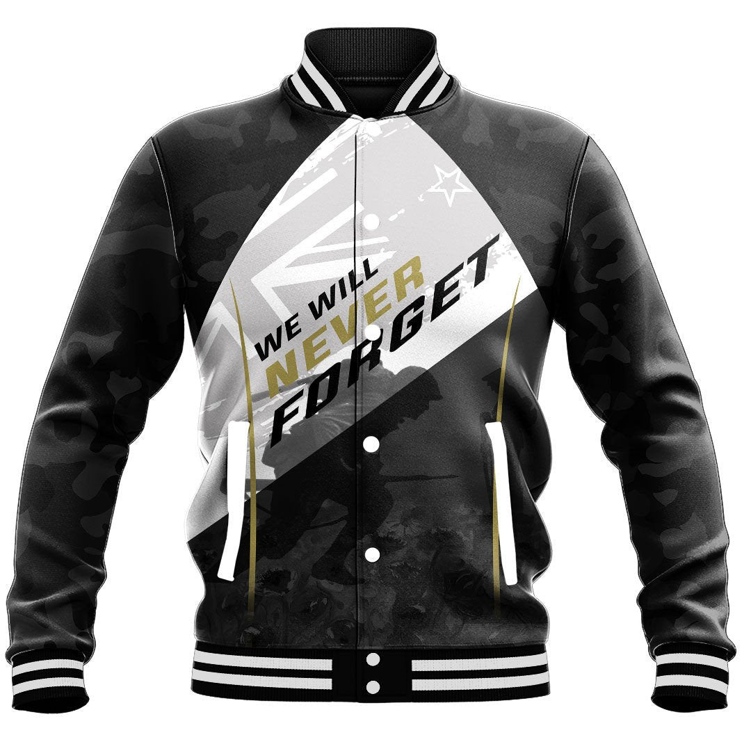 Polynesian Pride Clothing - (Custom) Anzac Day We Will Never Forget Baseball Jacket - Polynesian Pride