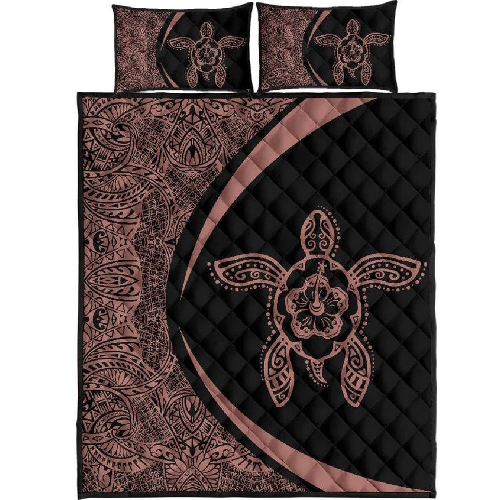 Hawaiian Polynesian Turtle Quilt Bed Set - Circle Style Pink And Black Black - Polynesian Pride