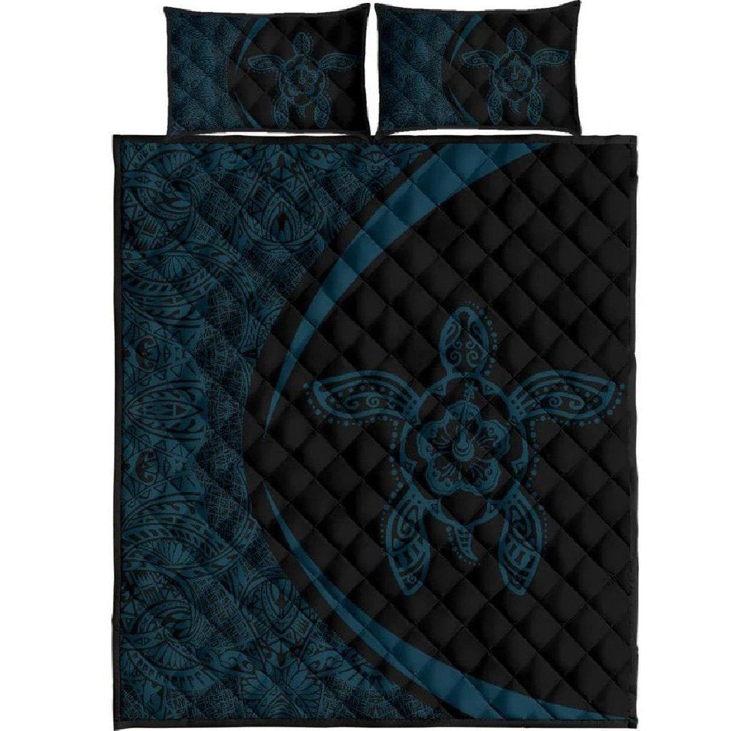Hawaiian Polynesian Turtle Quilt Bed Set - Circle Style Blue And Black Black - Polynesian Pride