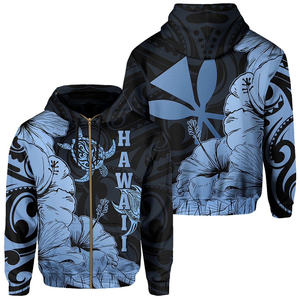 Hawaii Turtle Hoodie (Zipper) Polynesian Hibiscus Art Ver 2.0 Blue Unisex Blue - Polynesian Pride