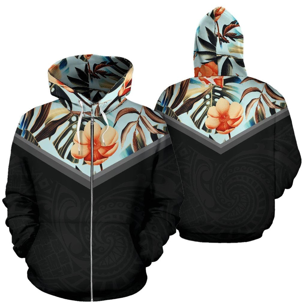 Hawaii Vintage Pattern Zip up Hoodie Flower Unisex Black - Polynesian Pride