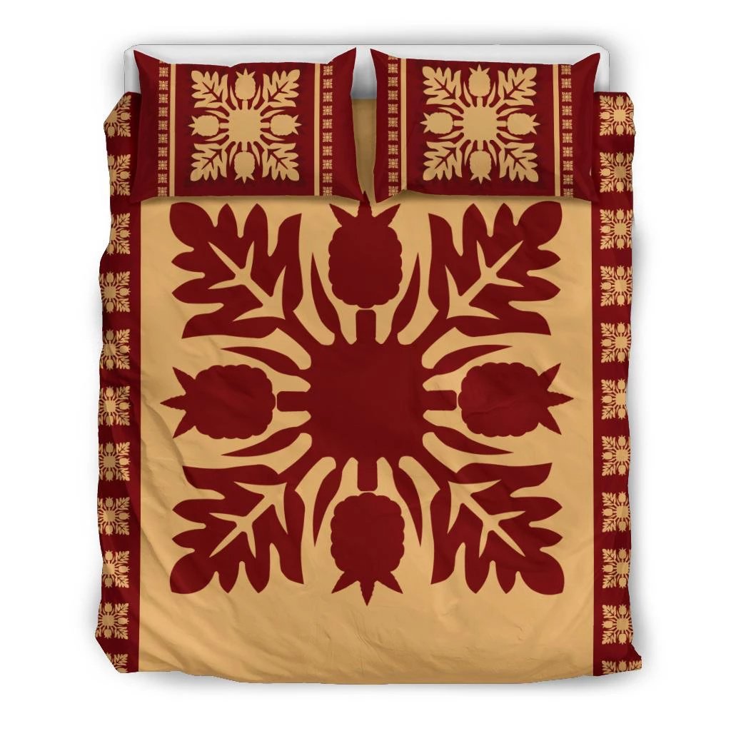 Hawaiian Quilt Pattern Palm Tree Monstera Pineaple Bedding Set Black - Polynesian Pride