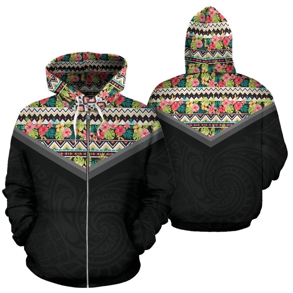Hawaii Vintage Pattern Zip up Hoodie Mix Unisex Black - Polynesian Pride