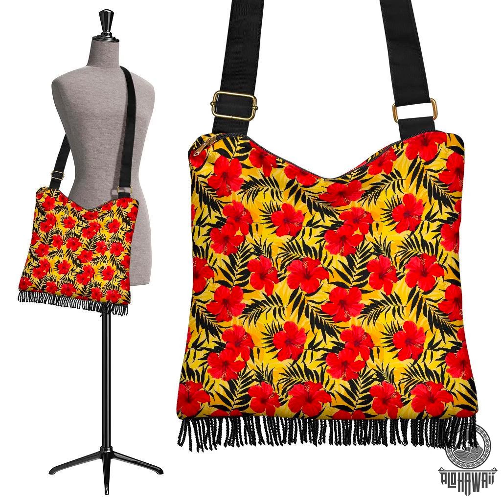 Hawaii Tropical Flowers And Palm Leaves Crossbody Boho Handbag Crossbody Boho Handbag One Size Red - Polynesian Pride