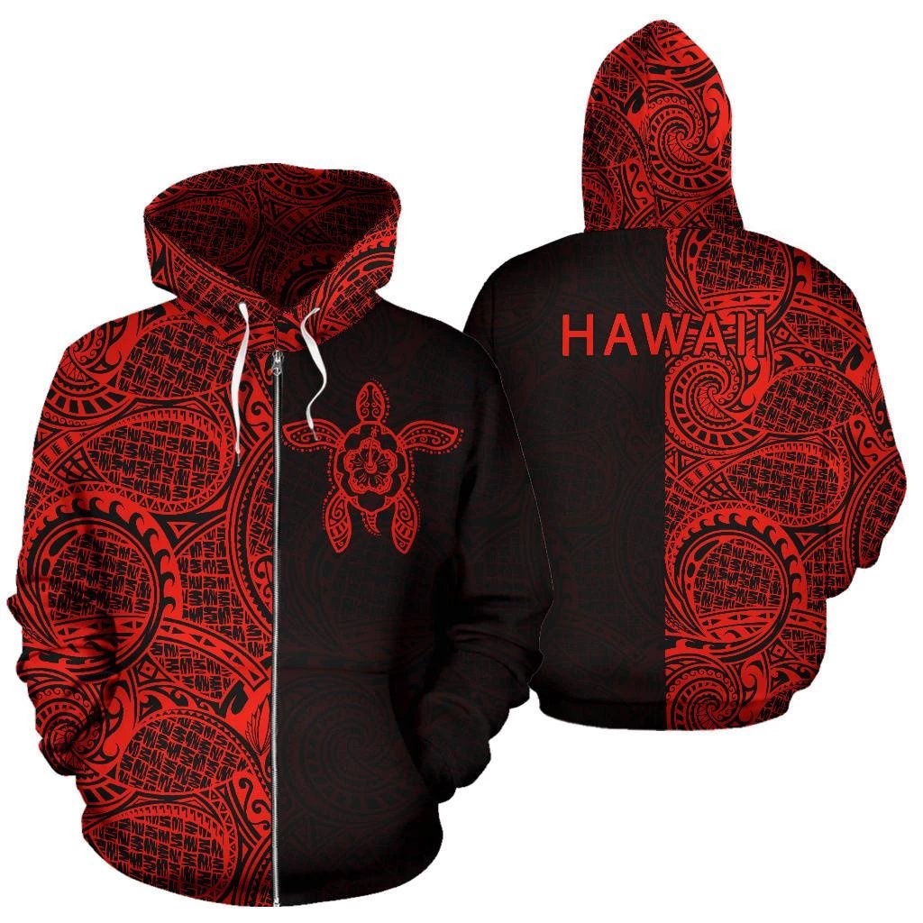Turtle Hoodie Zip up Polynesian Half Style Red Unisex Red - Polynesian Pride
