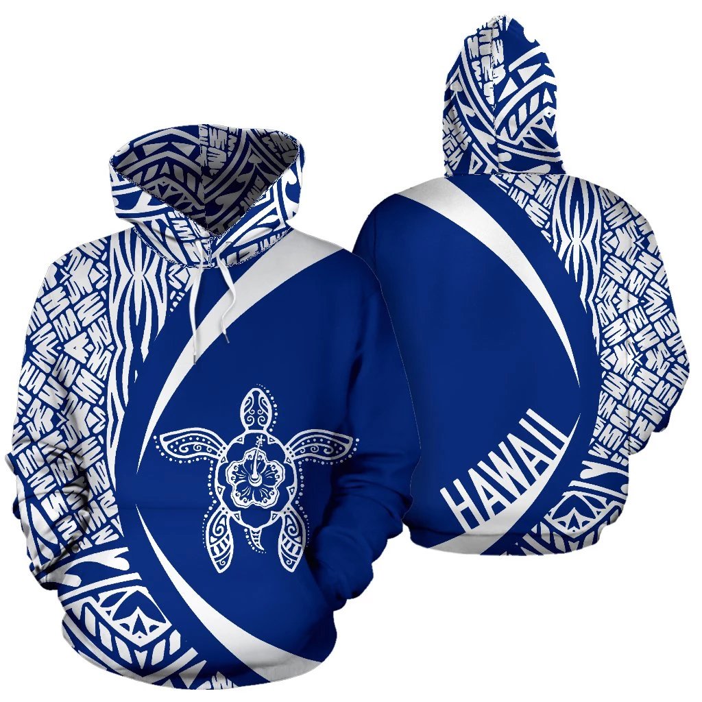 Hawaii Turtle Polynesian Hoodie Circle Style White and Blue Unisex White - Polynesian Pride