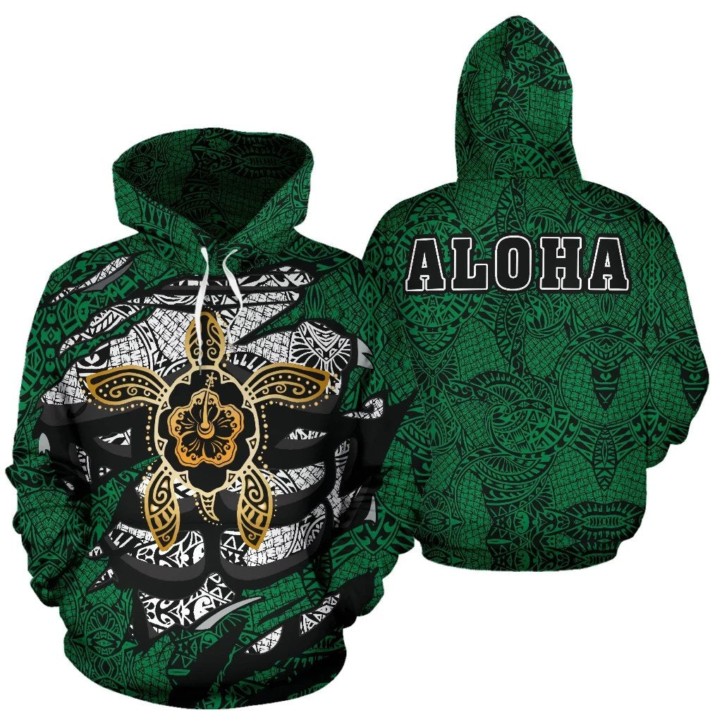 Hibiscus Polynesian Green Hawaii Turtle Hoodie Unisex Green - Polynesian Pride