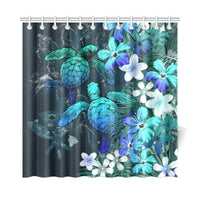 Kanaka Maoli (Hawaiian) Shower Curtain - Sea Turtle Tropical Hibiscus And Plumeria Blue 177 x 172 (cm) Blue - Polynesian Pride