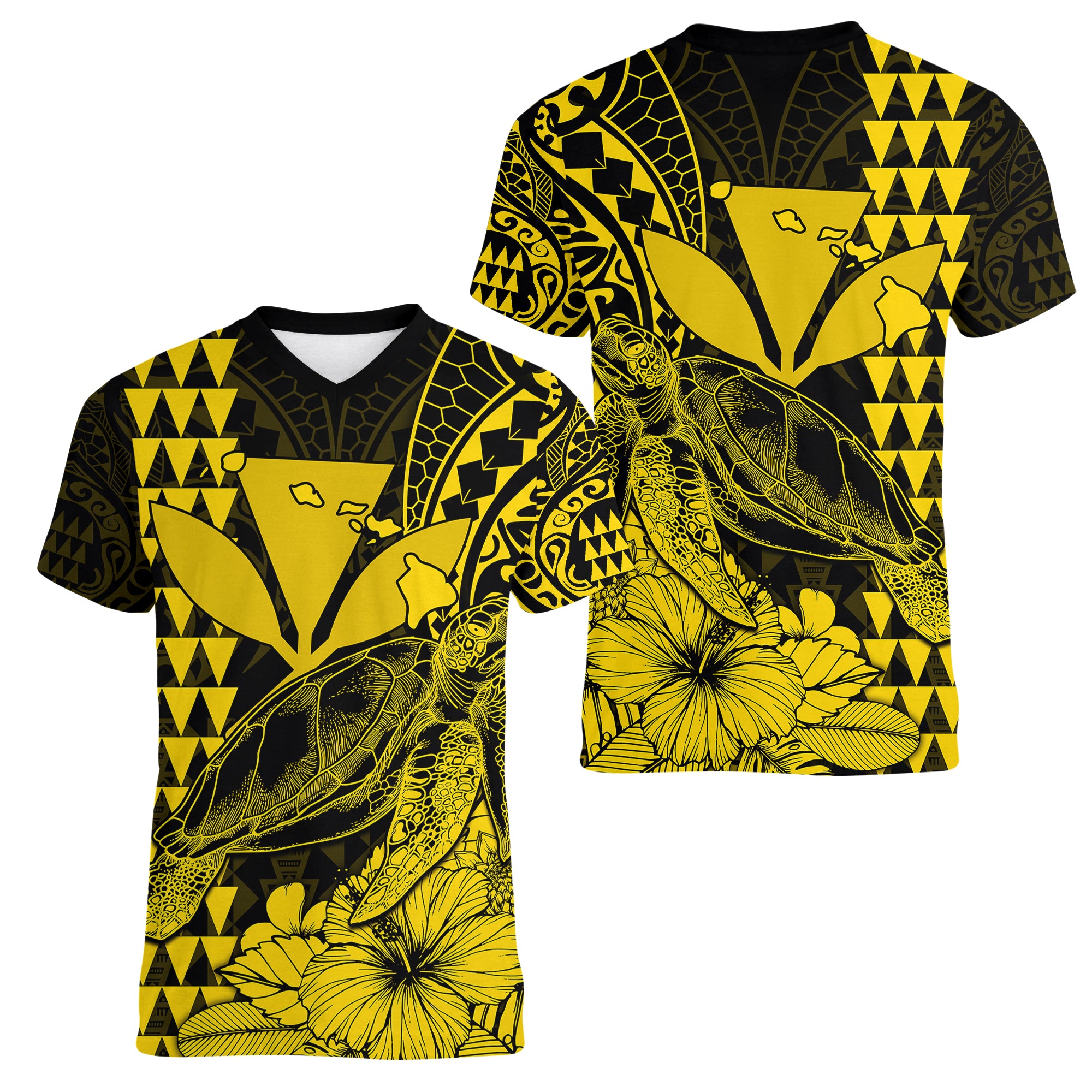 Kakau Polynesian Tribal Hawaiian Turtle with Kanaka Maoli Yellow Women V Neck T Shirt LT9 Female Yellow - Polynesian Pride