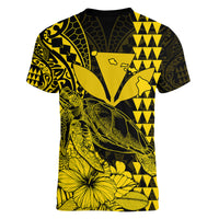 Kakau Polynesian Tribal Hawaiian Turtle with Kanaka Maoli Yellow Women V Neck T Shirt LT9 - Polynesian Pride