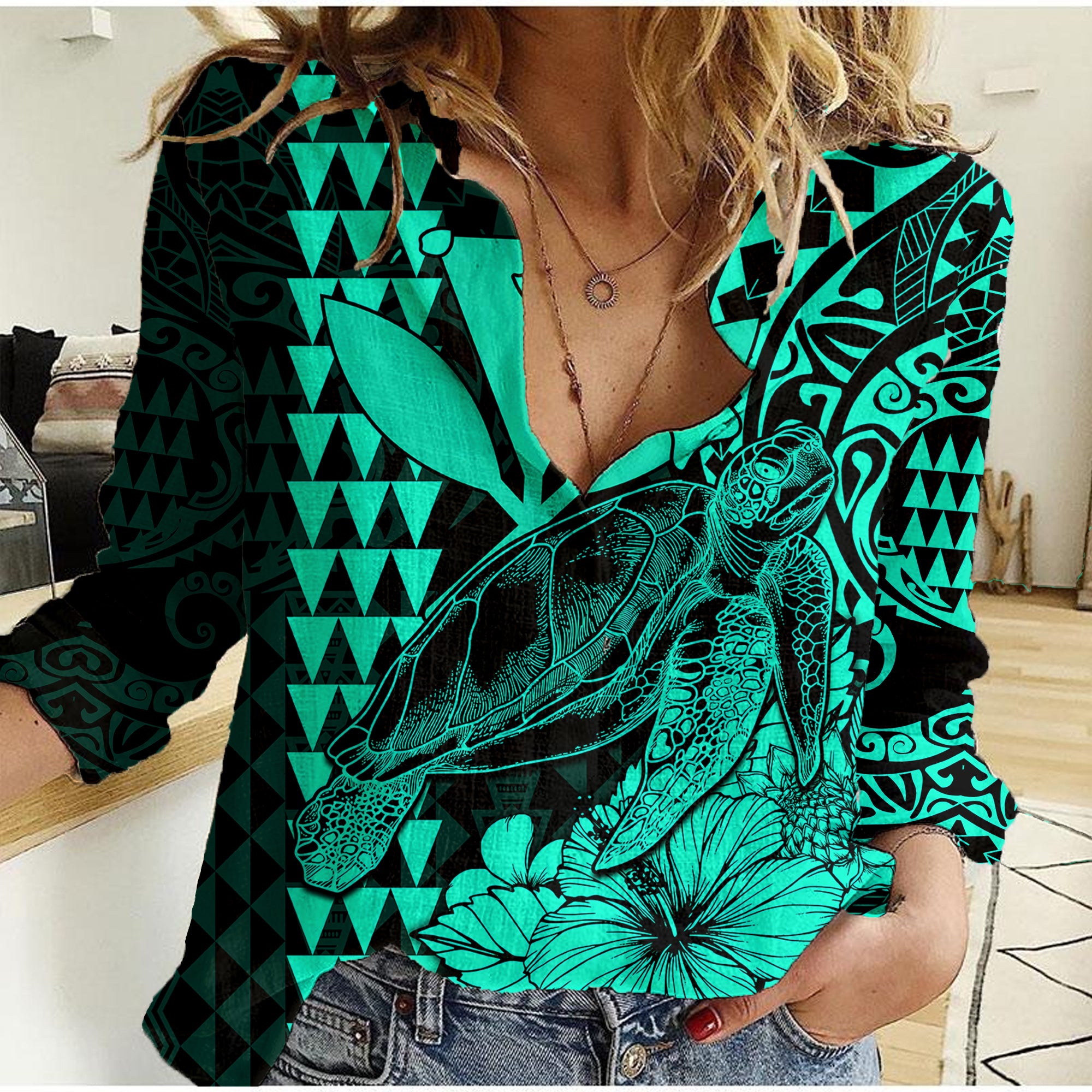Kakau Polynesian Tribal Hawaiian Turtle with Kanaka Maoli Turquoise Women Casual Shirt LT9 Female Turquoise - Polynesian Pride