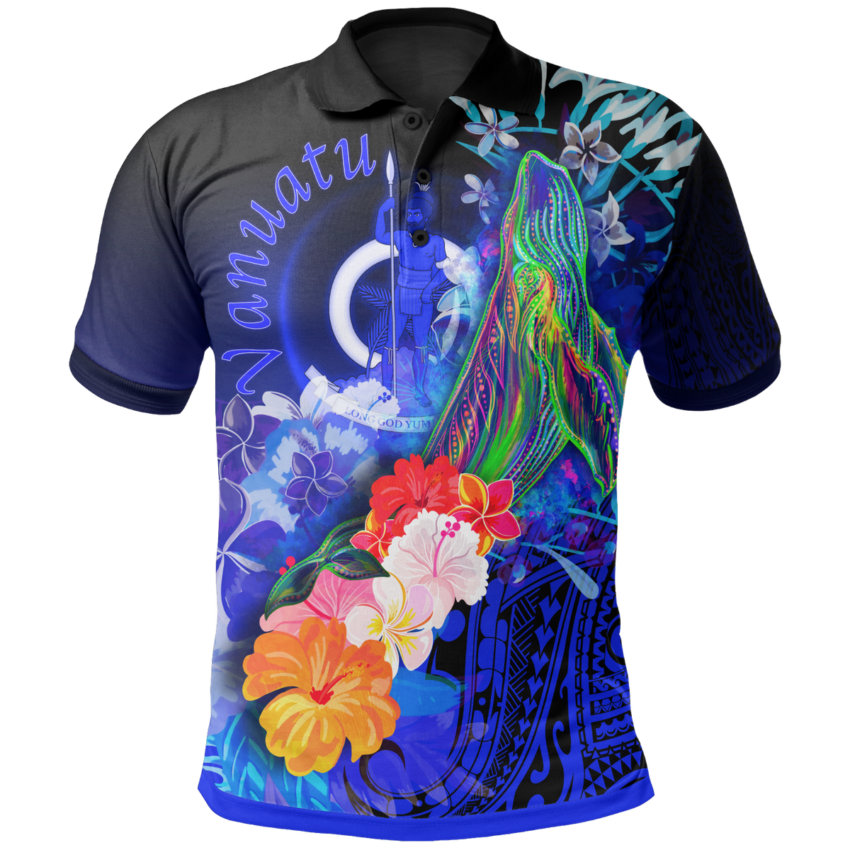 Vanuatu Polo Shirt Humpback Whale with Tropical Flowers (Blue) Unisex Blue - Polynesian Pride