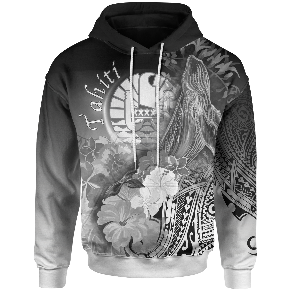Tahiti Hoodie Humpback Whale with Tropical Flowers (White) Unisex White - Polynesian Pride