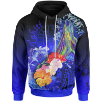 Tahiti Hoodie Humpback Whale with Tropical Flowers (Blue) Unisex Blue - Polynesian Pride