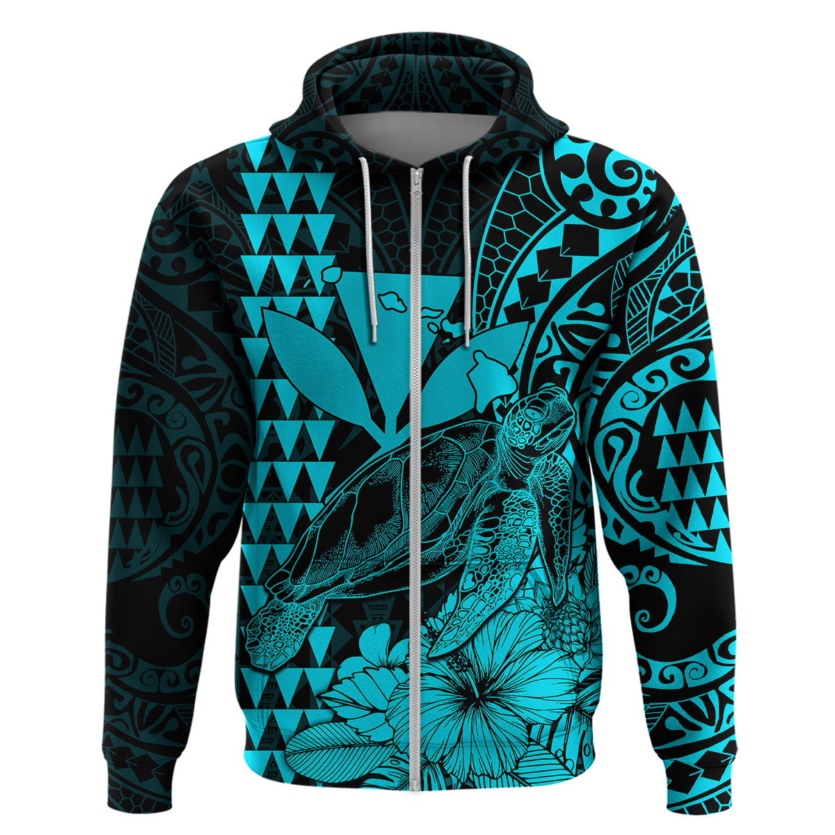 Custom Kakau Polynesian Tribal Hawaiian Turtle with Kanaka Maoli Teal Hoodie LT9 - Polynesian Pride
