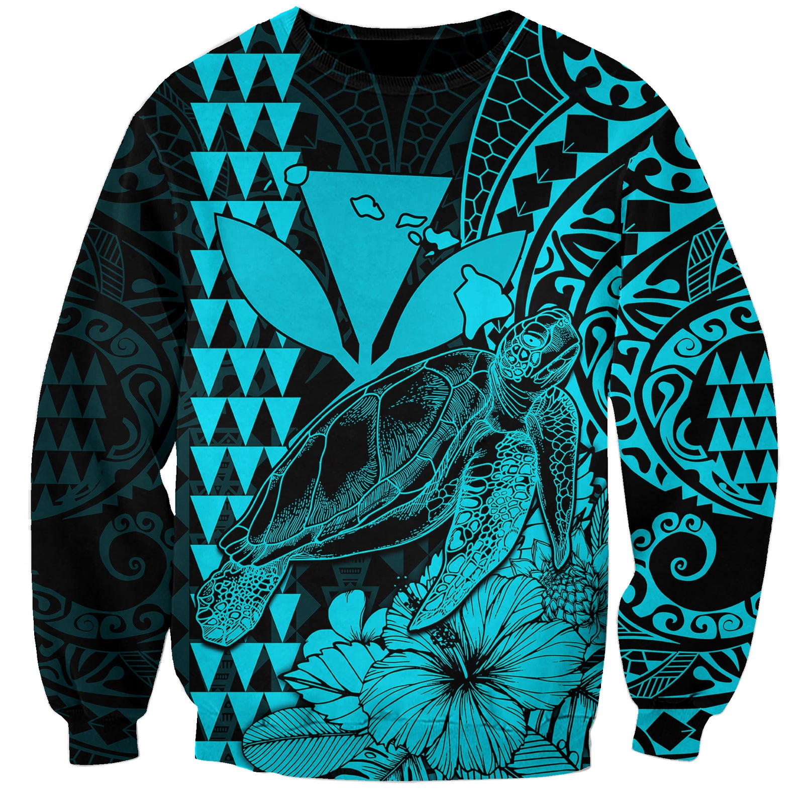 Kakau Polynesian Tribal Hawaiian Turtle with Kanaka Maoli Teal Sweatshirt LT9 Unisex Teal - Polynesian Pride