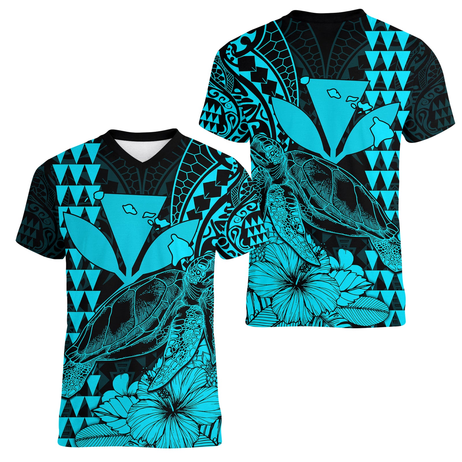 Kakau Polynesian Tribal Hawaiian Turtle with Kanaka Maoli Teal Women V Neck T Shirt LT9 Female Teal - Polynesian Pride