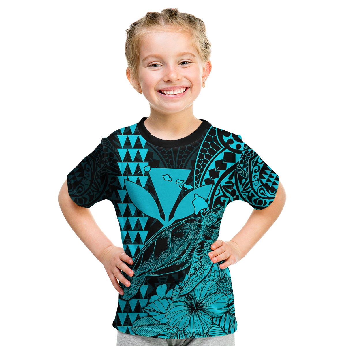 Kakau Polynesian Tribal Hawaiian Turtle with Kanaka Maoli Teal Kid T Shirt LT9 - Polynesian Pride