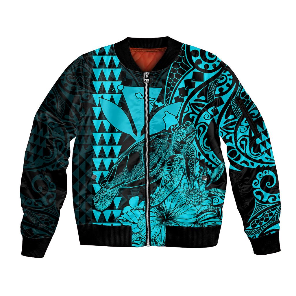 Kakau Polynesian Tribal Hawaiian Turtle with Kanaka Maoli Teal Sleeve Zip Bomber Jacket LT9 Unisex Teal - Polynesian Pride
