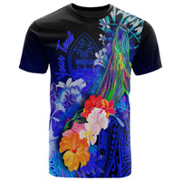 Guam Custom T Shirt Humpback Whale with Tropical Flowers (Blue) Unisex Blue - Polynesian Pride