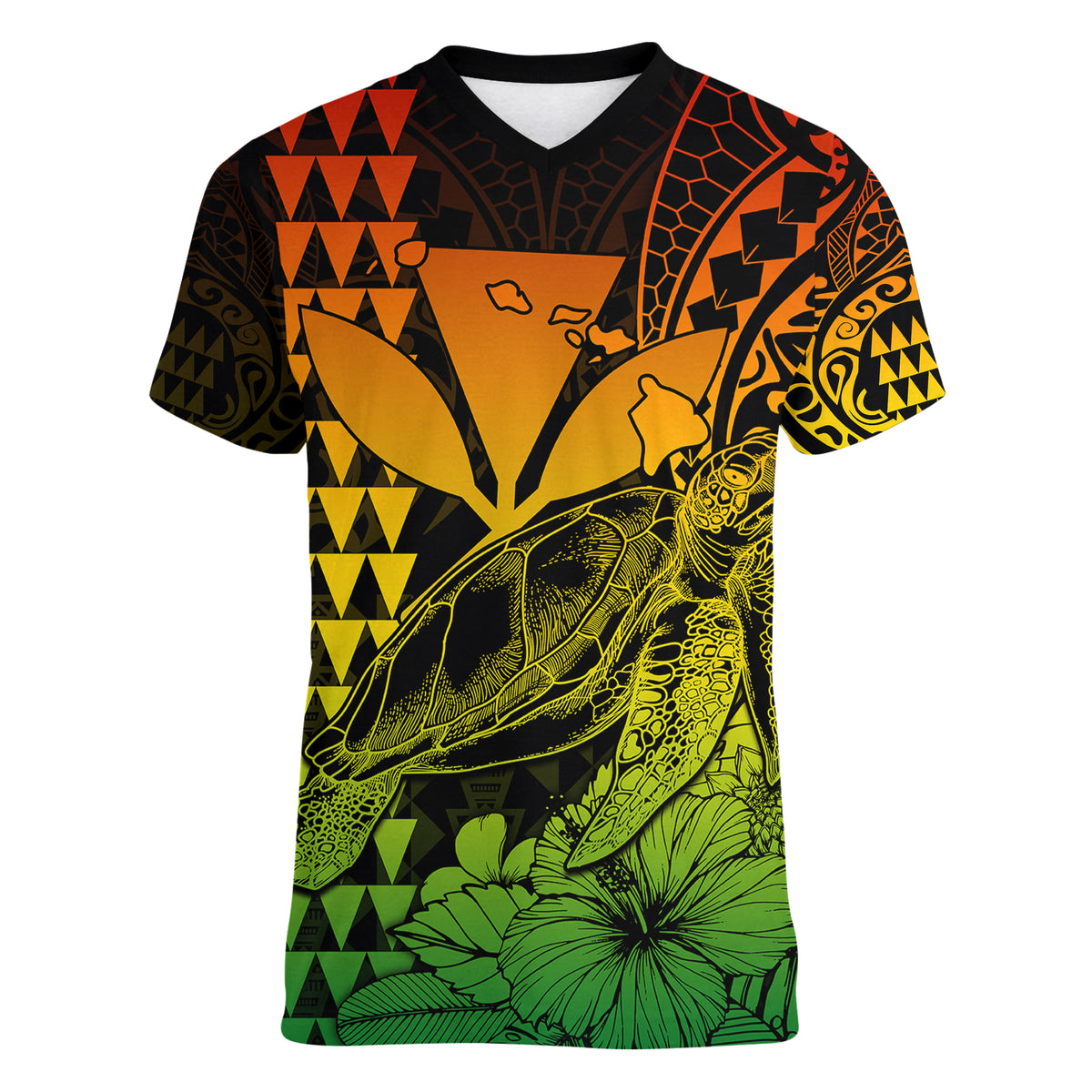 Kakau Polynesian Tribal Hawaiian Turtle with Kanaka Maoli Reggae Women V Neck T Shirt LT9 - Polynesian Pride