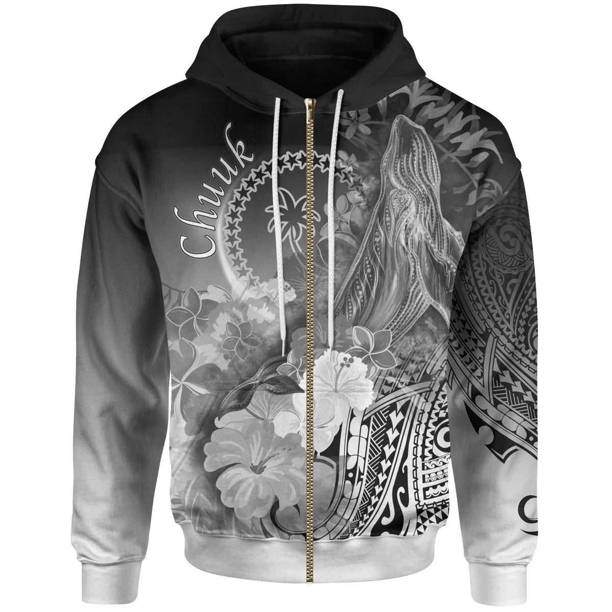 Chuuk Zip up Hoodie Humpback Whale with Tropical Flowers (White) Unisex White - Polynesian Pride