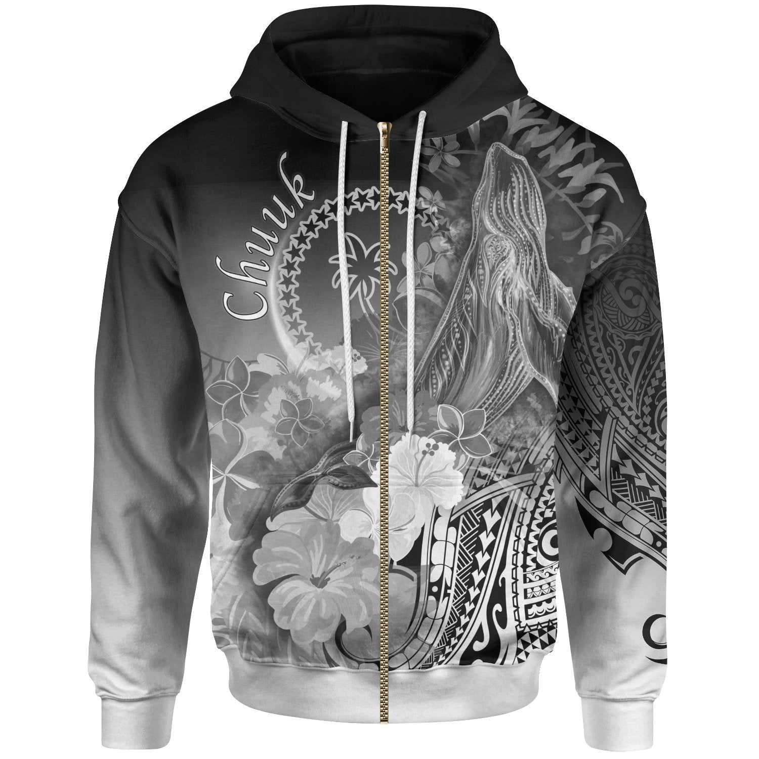 Chuuk Zip up Hoodie Humpback Whale with Tropical Flowers (White) Unisex White - Polynesian Pride