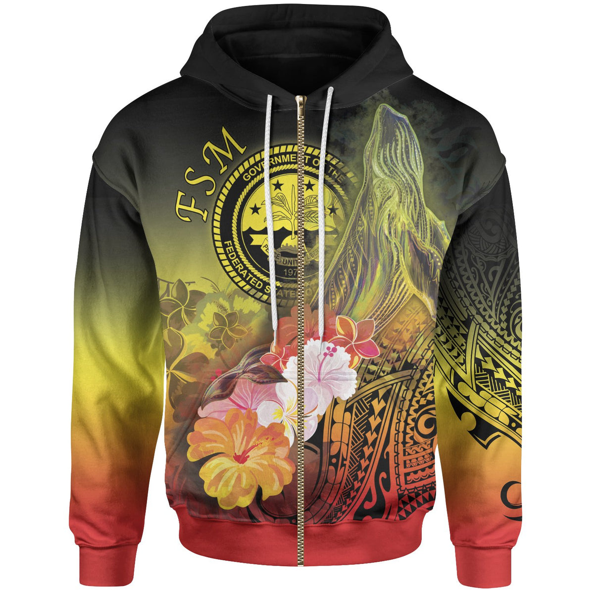 Fsm Zip up Hoodie Humpback Whale with Tropical Flowers (Yellow) Unisex Yellow - Polynesian Pride