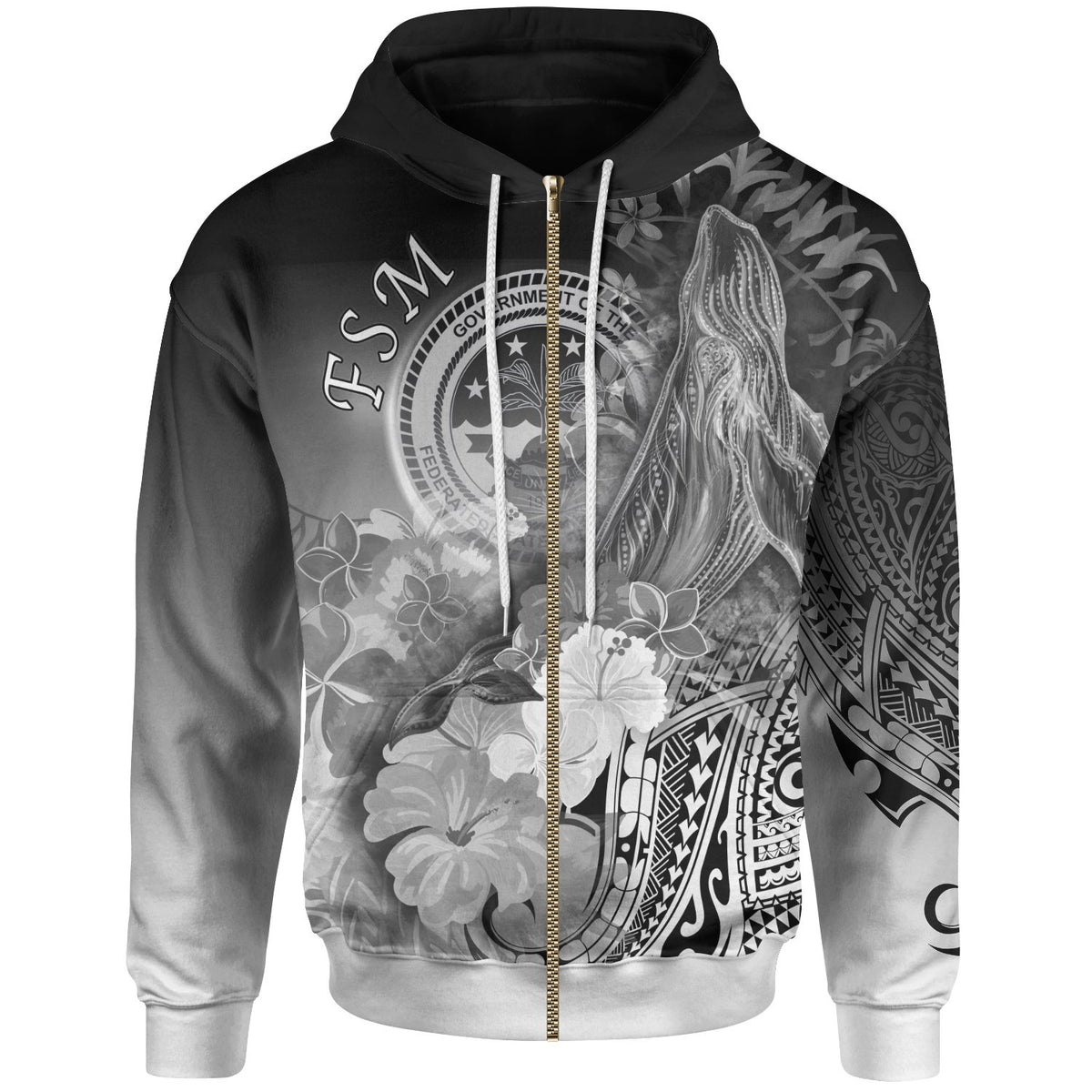 Fsm Zip up Hoodie Humpback Whale with Tropical Flowers (White) Unisex White - Polynesian Pride