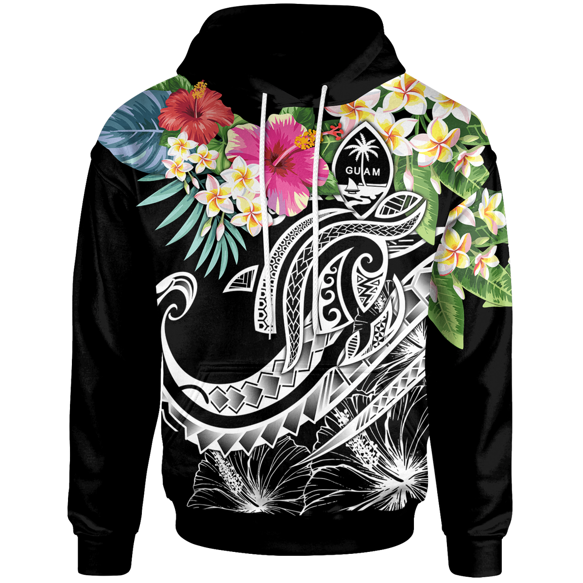 Guam Polynesian Hoodie Summer Plumeria (Black) Unisex Black - Polynesian Pride