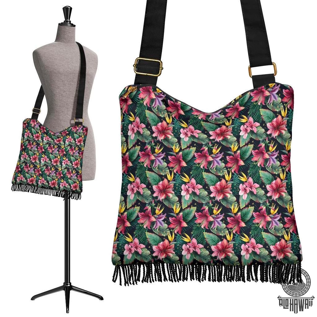 Hawaii Tropical Flowers, Palm And Leaves Crossbody Boho Handbag Crossbody Boho Handbag One Size Green - Polynesian Pride