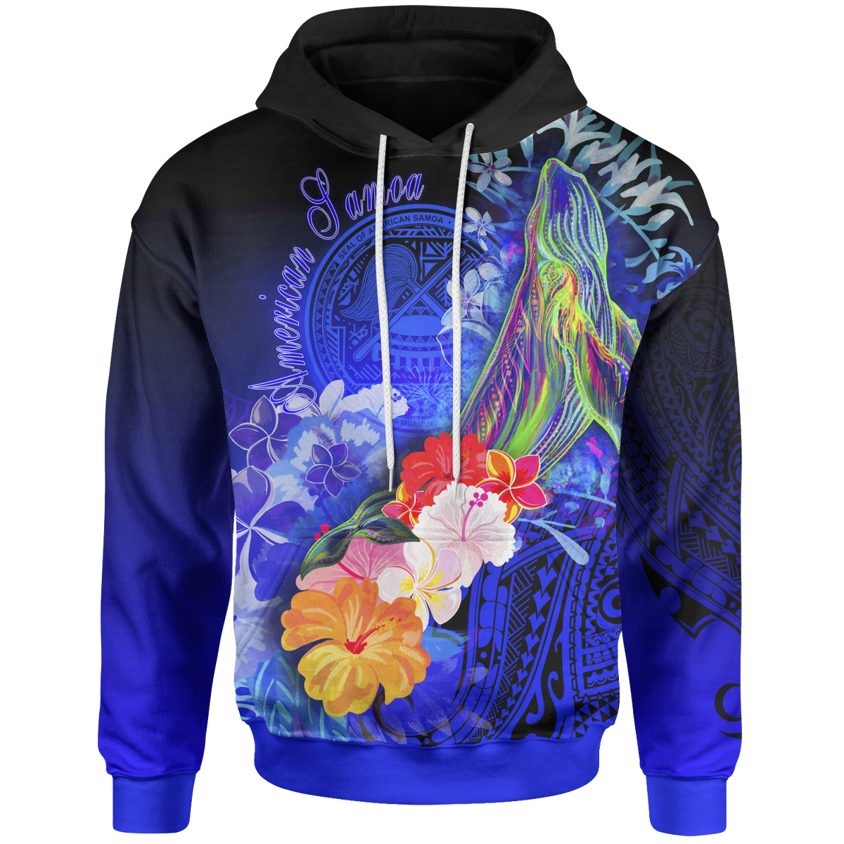 American Samoa Polynesian Hoodie Humpback Whale with Tropical Flowers (Blue) Blue - Polynesian Pride
