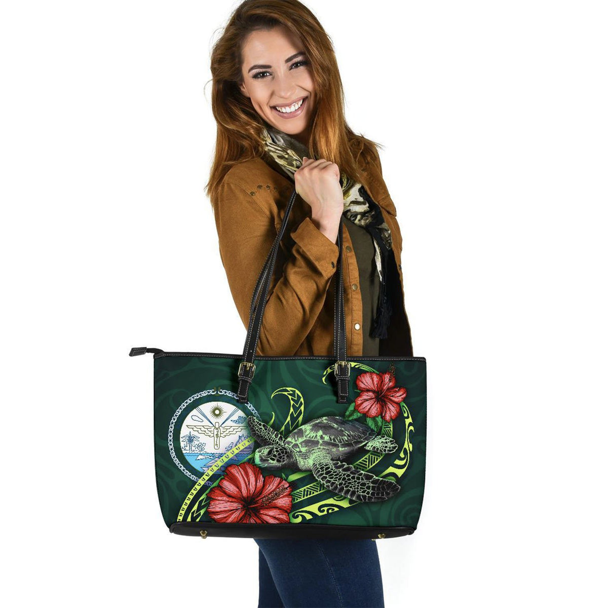 Marshall Islands Polynesian Leather Tote Bag - Green Turtle Hibiscus - Polynesian Pride