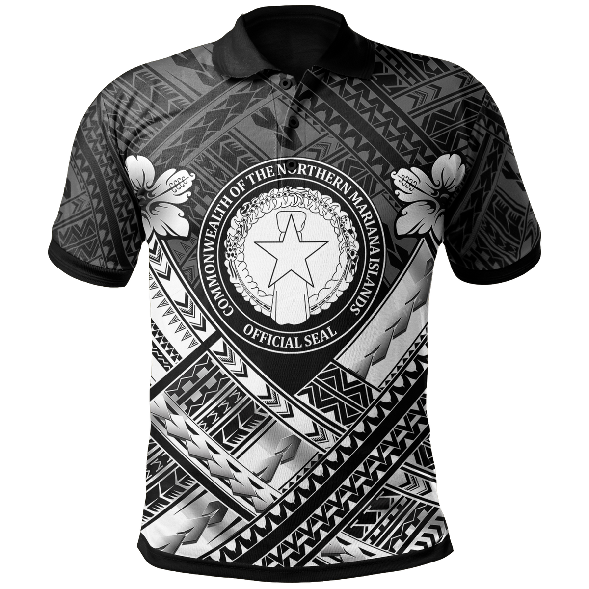 Northern Mariana Islands Polo Shirt CNMI Seal Camisole Hibiscus Style (White) Unisex White - Polynesian Pride