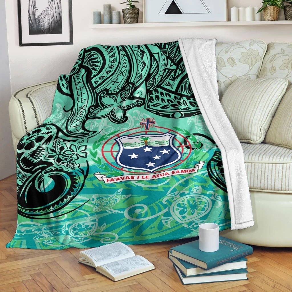 Samoa Premium Blanket - Vintage Floral Pattern Green Color White - Polynesian Pride