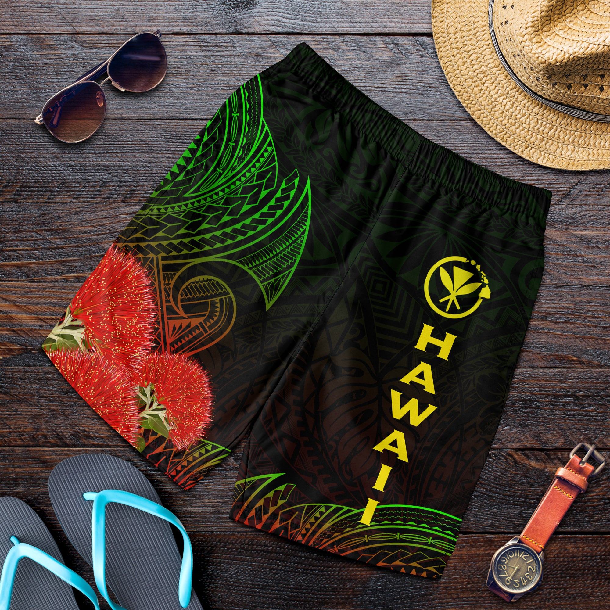 Hawaii Polynesian Men's Short - Ohia Lehua - LT12 Black - Polynesian Pride