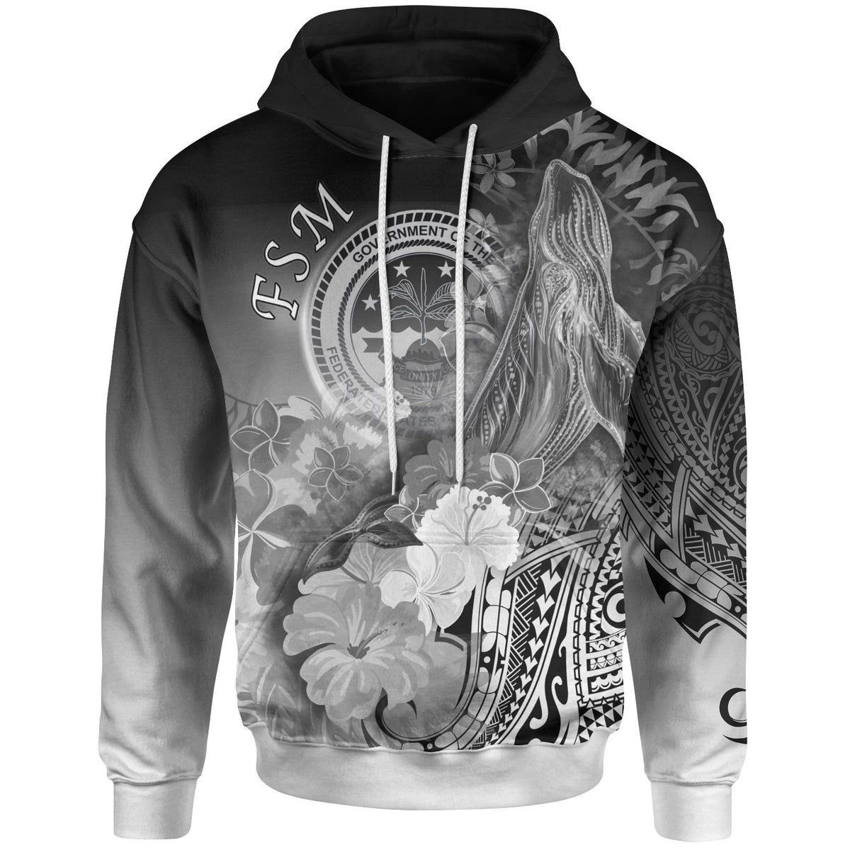 Fsm Hoodie Humpback Whale with Tropical Flowers (White) Unisex White - Polynesian Pride