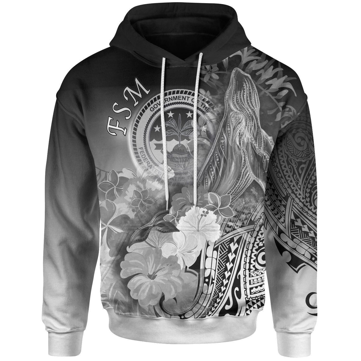 Fsm Hoodie Humpback Whale with Tropical Flowers (White) Unisex White - Polynesian Pride