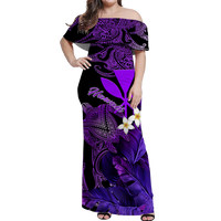 Hawaii Turtle With Plumeria Leaf Purple Women Off Shoulder Long Dress - LT12 Long Dress Black - Polynesian Pride
