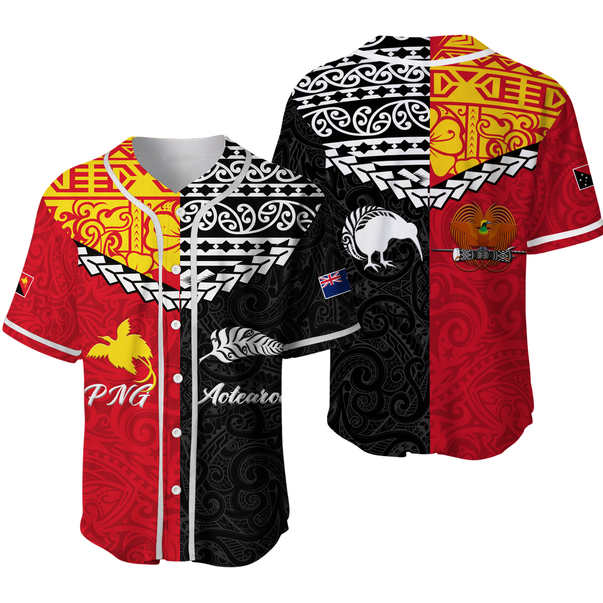 Papua New Guinea Combine New Zealand Maori Aotearoa Heritage Baseball Jersey - LT12 Red - Polynesian Pride