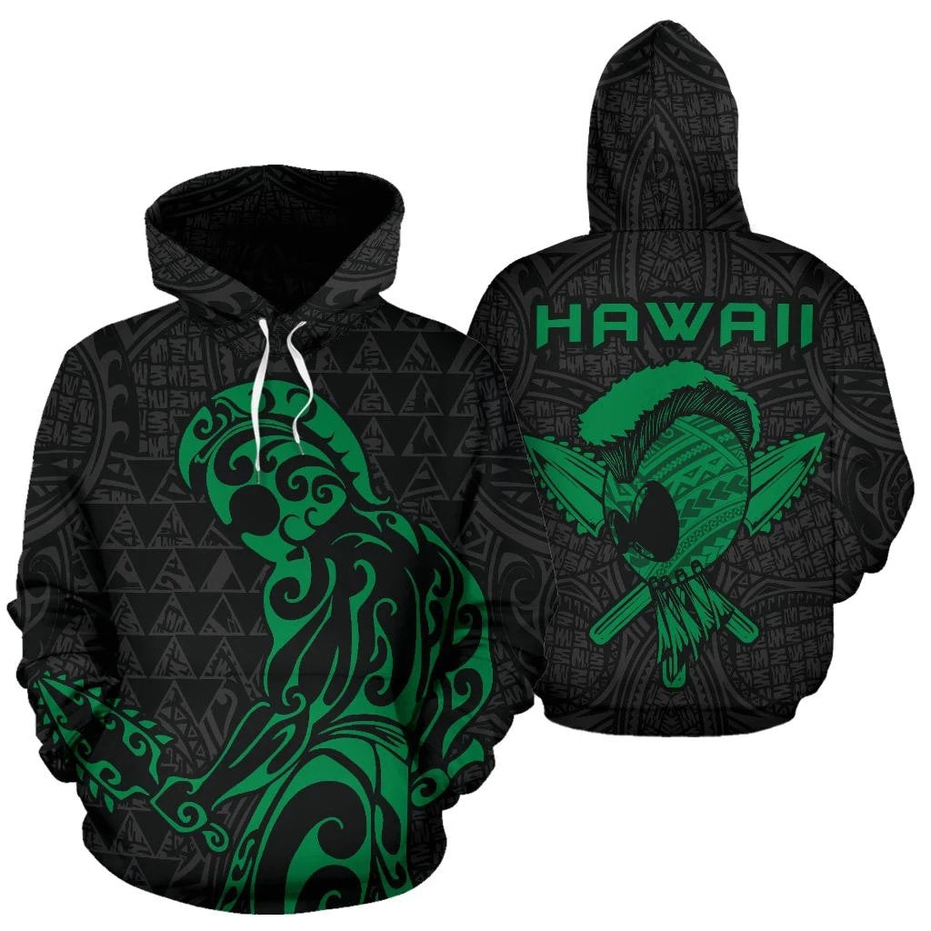 Polynesian Kakau Helmet Weapon Green Kanaka Warrior Hoodie Unisex Green - Polynesian Pride