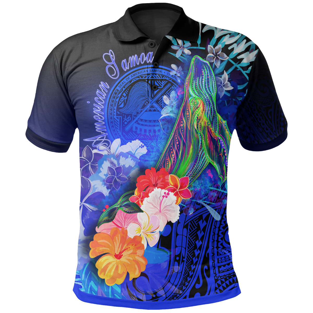 American Samoa Polynesian Polo Shirt Humpback Whale with Tropical Flowers (Blue) Unisex Blue - Polynesian Pride