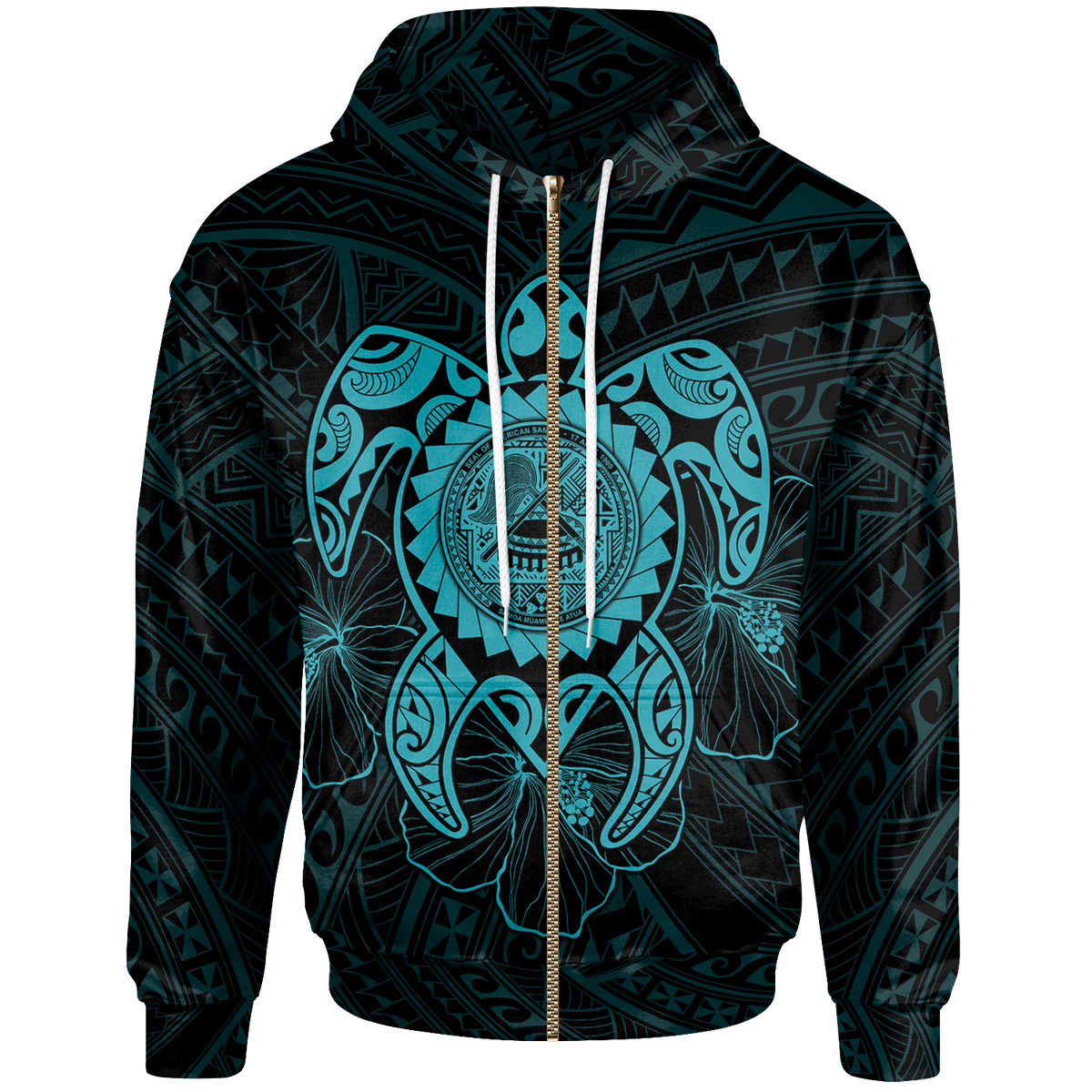 American Samoa Polynesian Zip up Hoodie Vintage Polynesian Turtle (Turquoise) Unisex Turquoise - Polynesian Pride