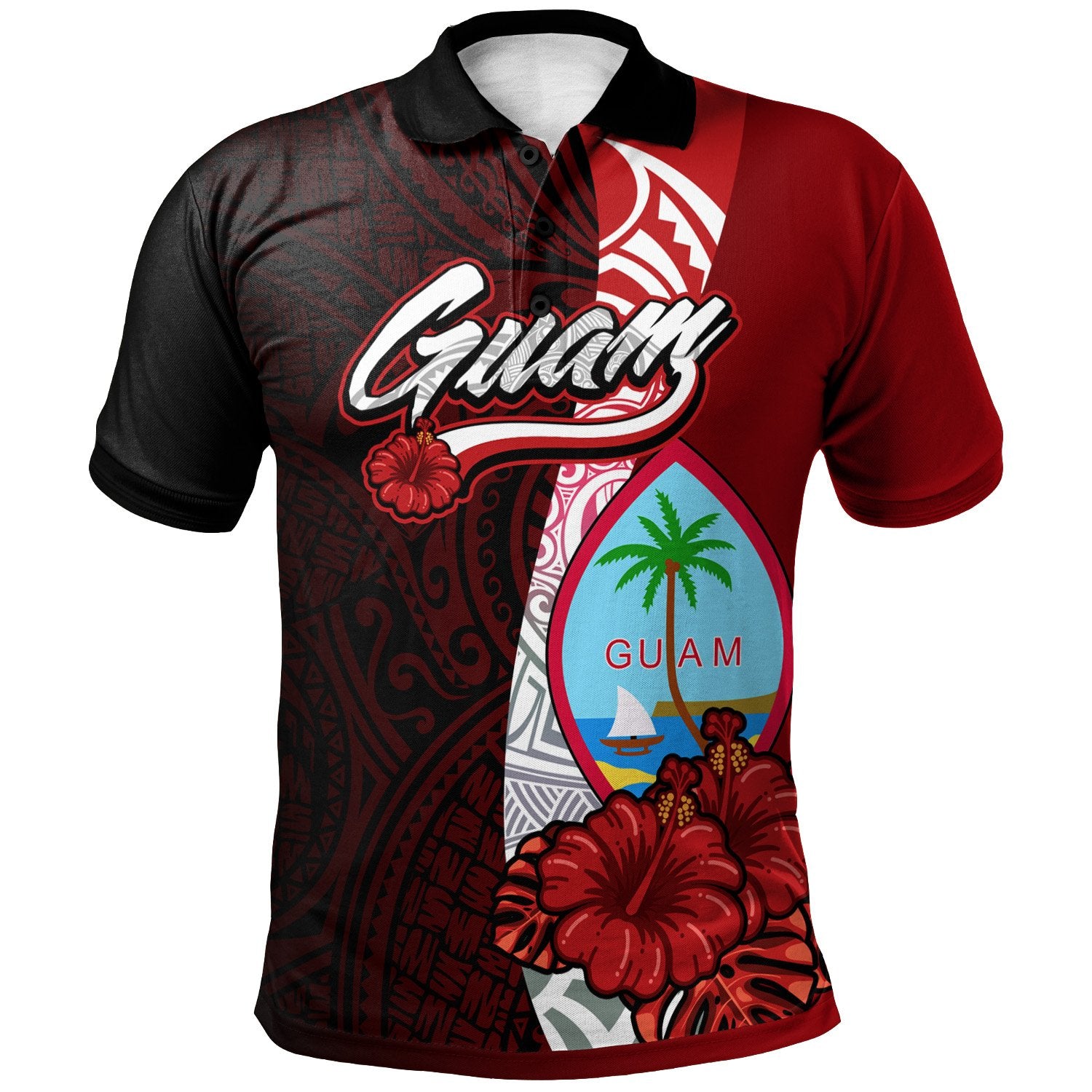 Guam Polynesian Polo Shirt Coat Of Arm With Hibiscus Unisex Red - Polynesian Pride