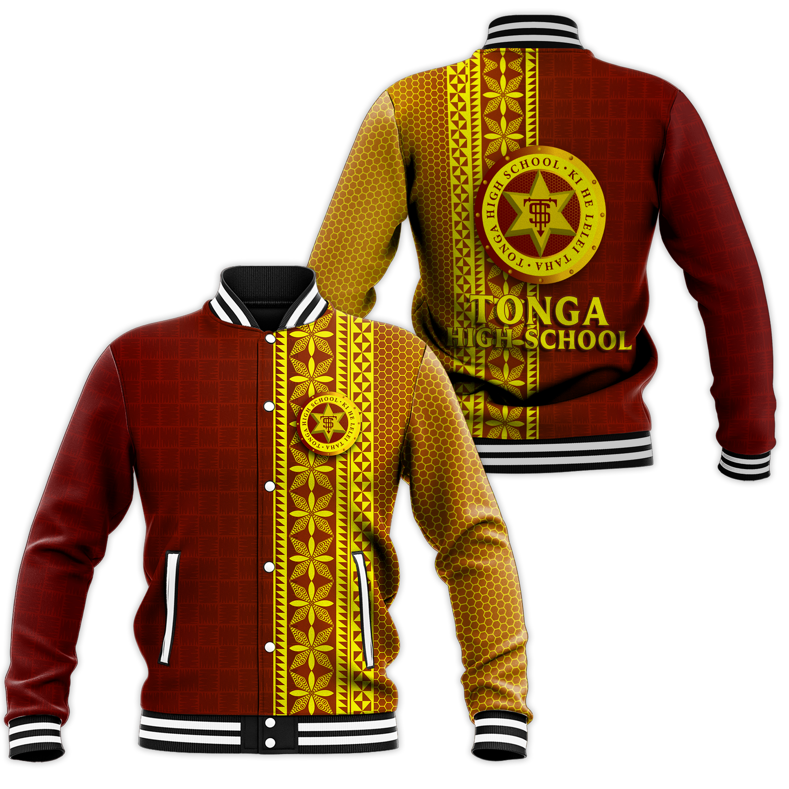 Tonga High School Baseball Jacket - Ngatu Pattern - LT12 Unisex Red - Polynesian Pride