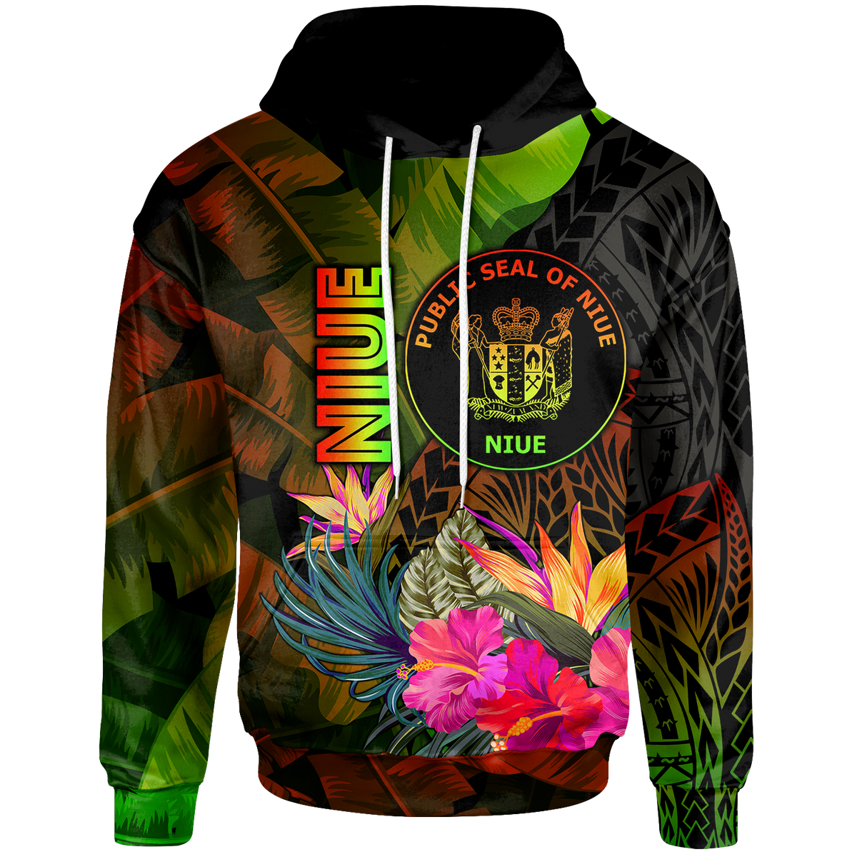 Niue Polynesian Hoodie Hibiscus and Banana Leaves Unisex Reggae - Polynesian Pride