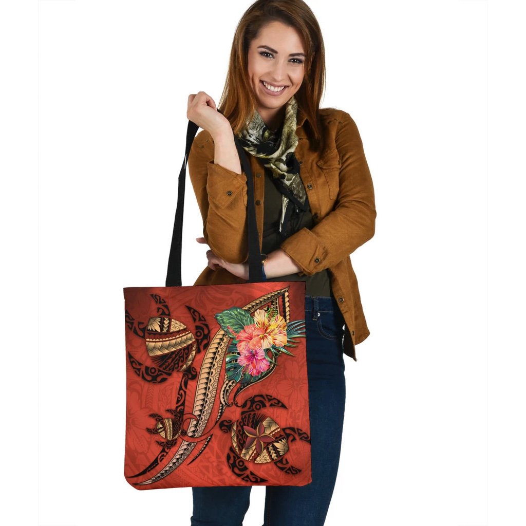Polynesian Turtle Tote Bag - Tribal Tattoo with Hibiscus Coral Turtle Coral - Polynesian Pride