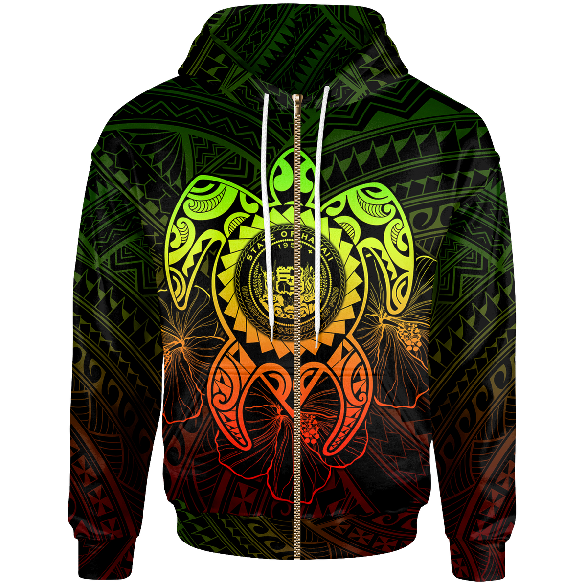 Hawaii Polynesian Zip up Hoodie Vintage Polynesian Turtle (Reggae) Unisex Reggae - Polynesian Pride