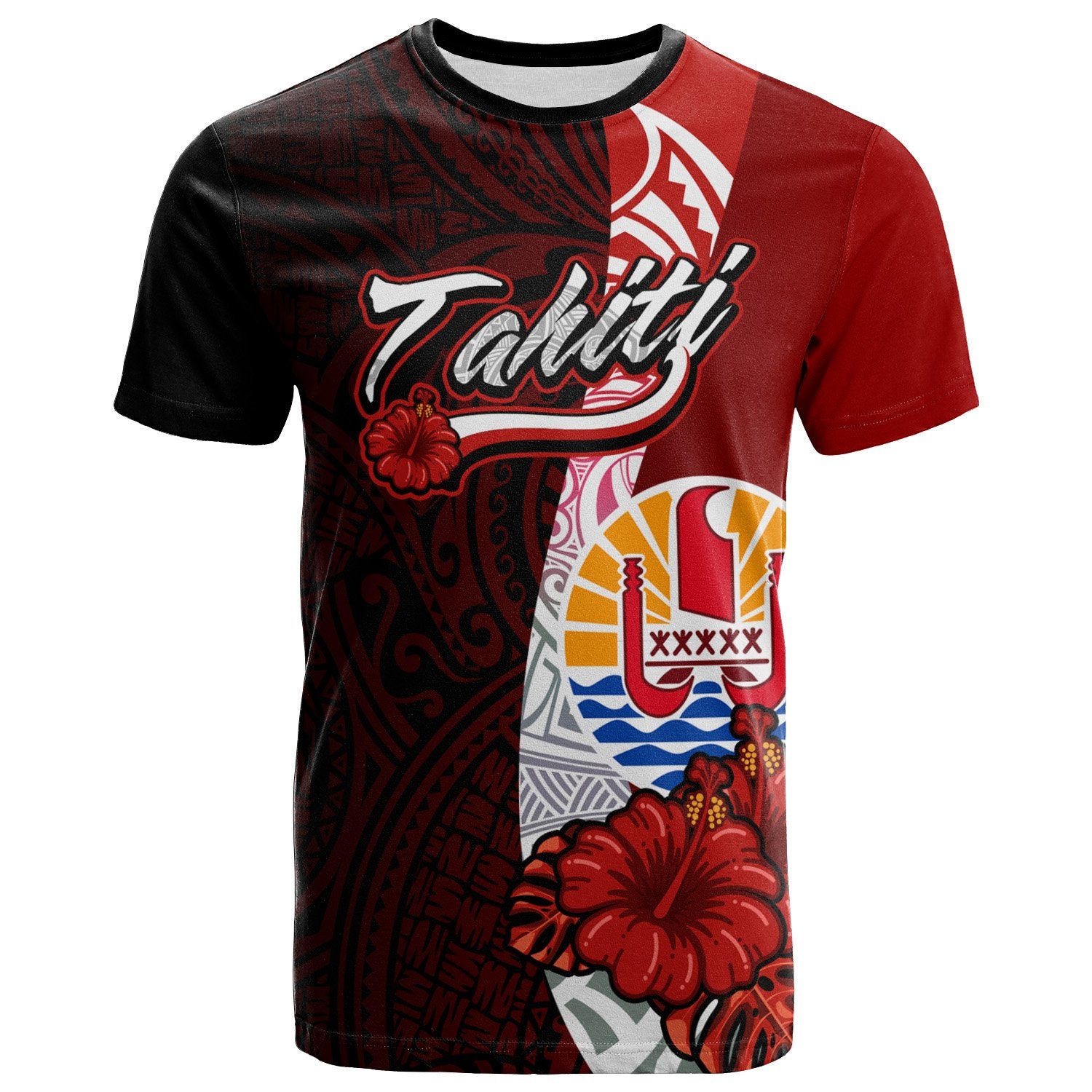 Tahiti Polynesian T Shirt Coat of Arm With Hibiscus Unisex Red - Polynesian Pride